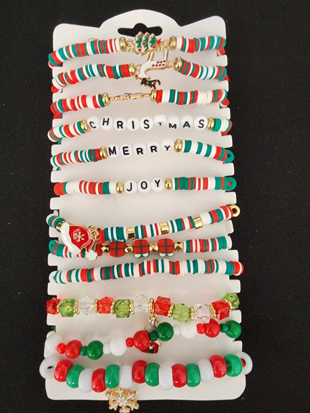 Christmas Beaded Stretch Bracelet Set — Red, Green, White